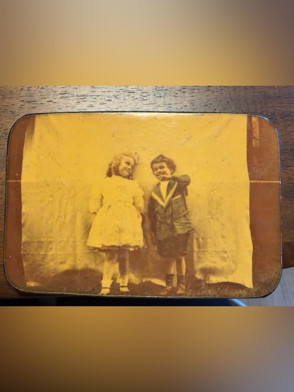 Upcycled Belt Buckle-Vintage with Sepia Children Image - Brown/Gold Tones
